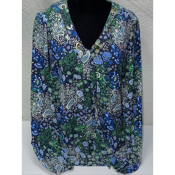 Michael Kors Tops - Michael Kors Womens Green Blue Paisley V-Neck Keyhole Blouse Long Sleeve Medium